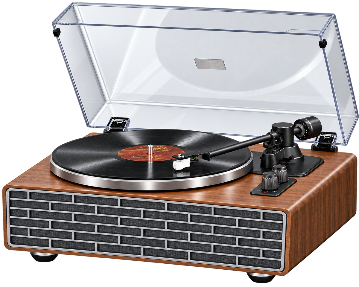 Platine vinyle Cadence vue trois-quarts, plateau et bras de lecture visibles