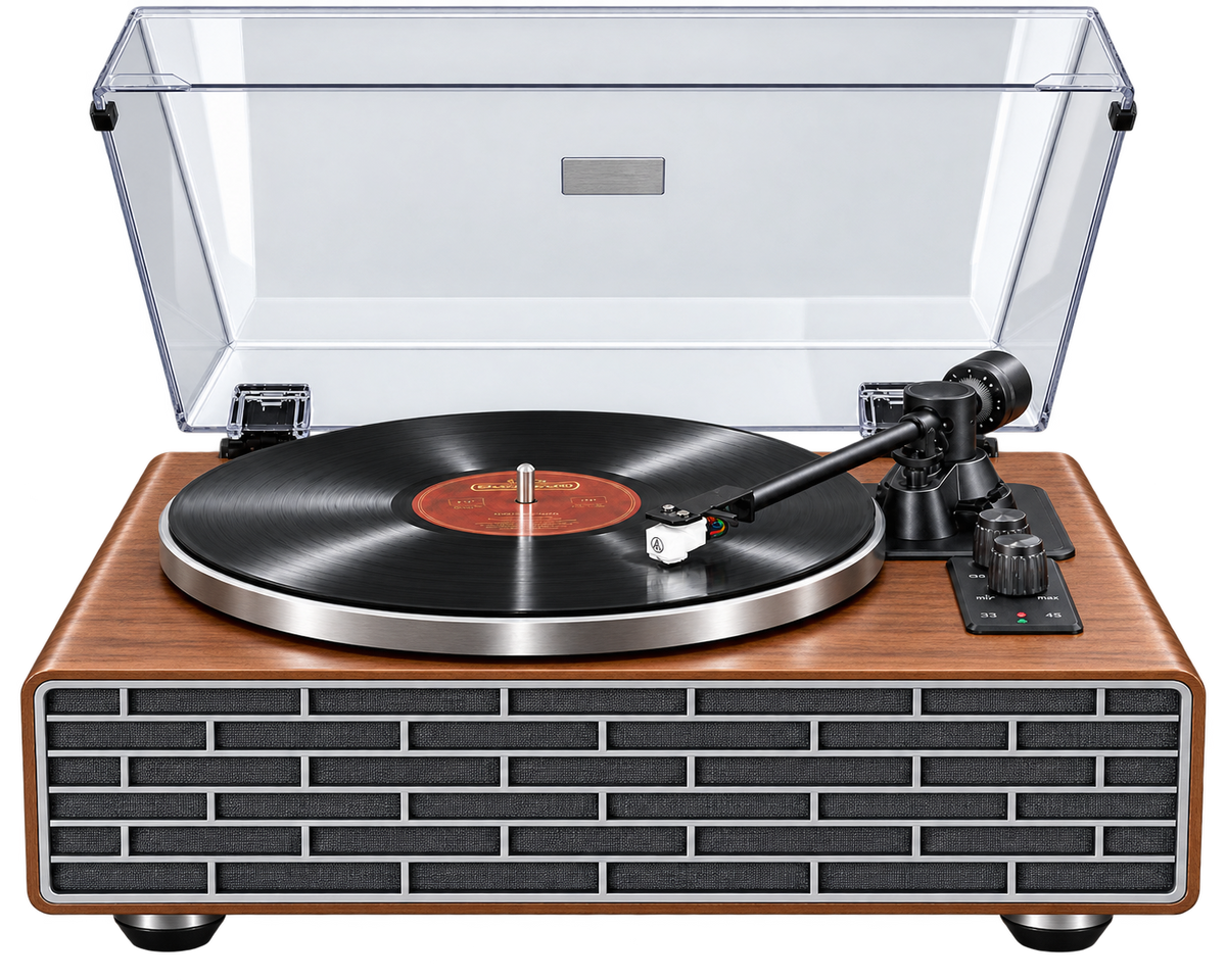 Platine vinyle Cadence vue de face, grille de haut-parleurs noire