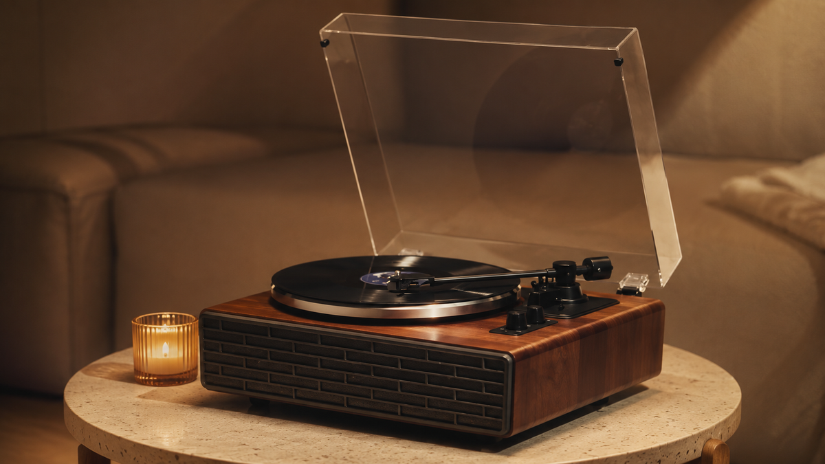 Platine vinyle Cadence posée sur un meuble dans un salon
