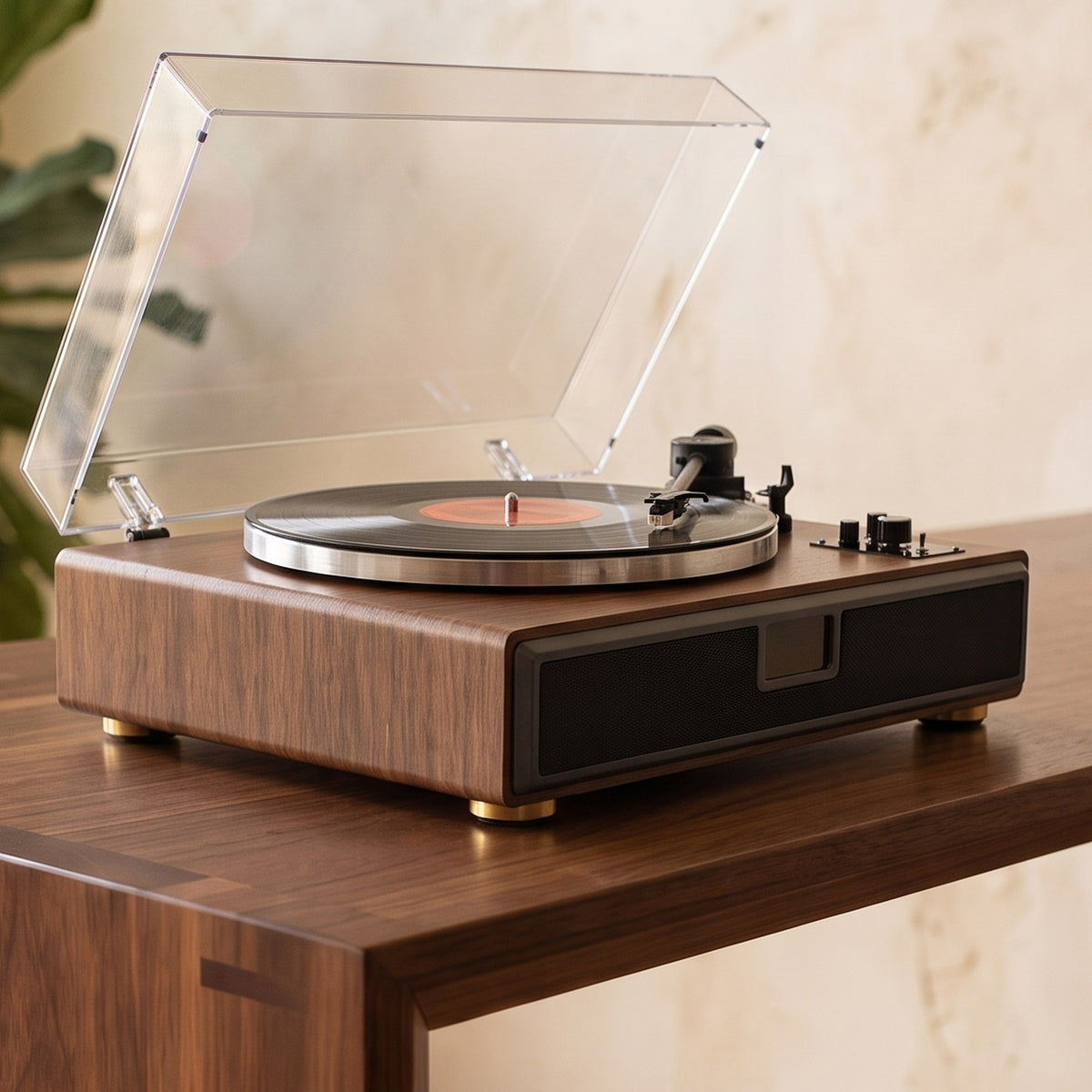 Platine vinyle Héritage posée sur une console en noyer dans un intérieur chaleureux