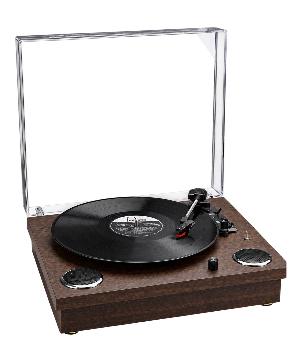 Platine vinyle Lounge en bois foncé avec capot acrylique, vue trois-quarts
