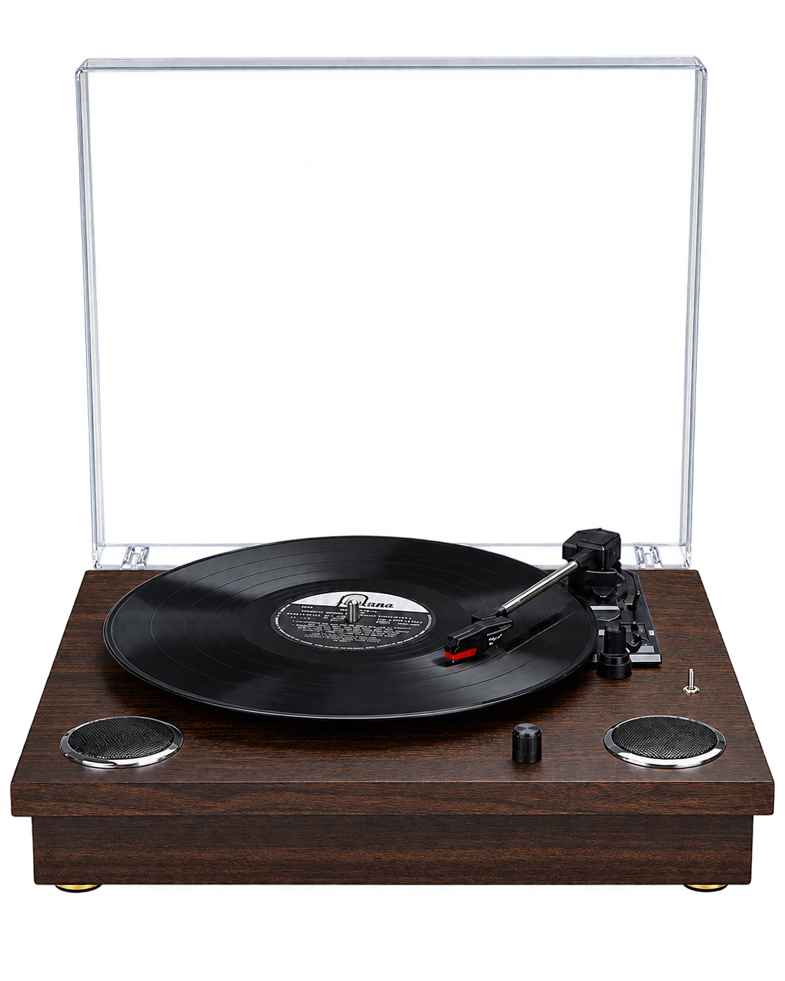 Platine vinyle Lounge en bois brun avec haut-parleurs intégrés, vue de face