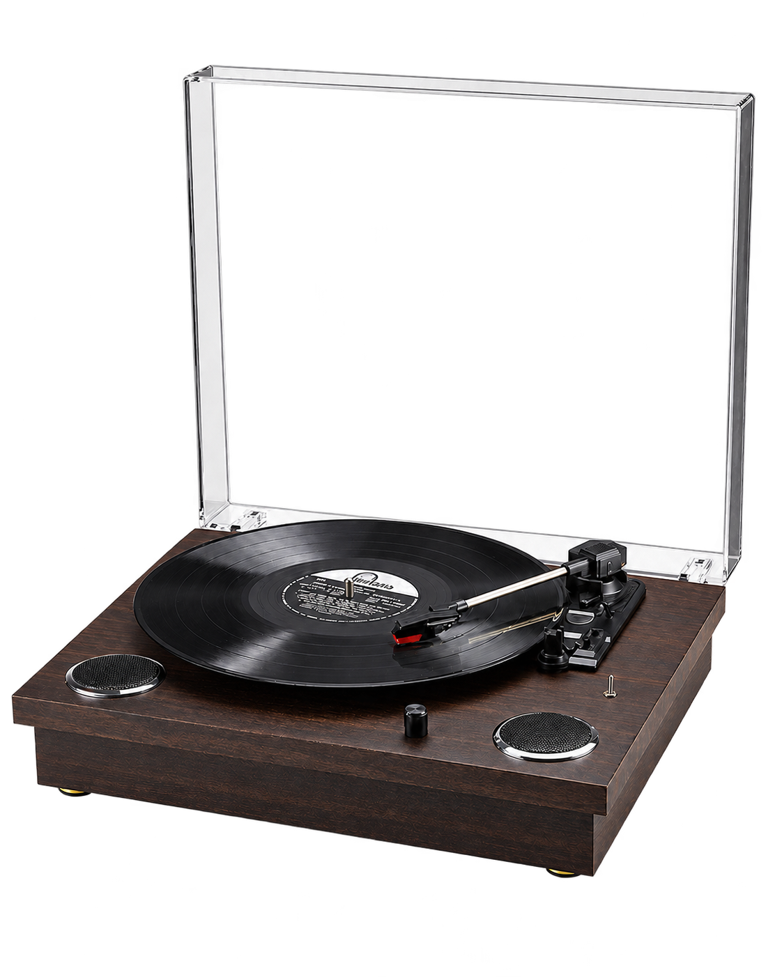 Platine vinyle Lounge en bois foncé, capot acrylique ouvert, vue trois-quarts