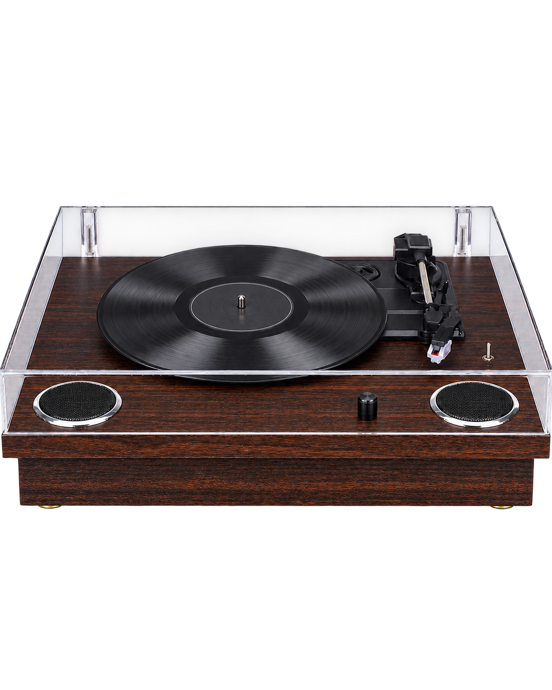 Platine vinyle Lounge en bois brun, vue trois-quarts gauche, capot ouvert