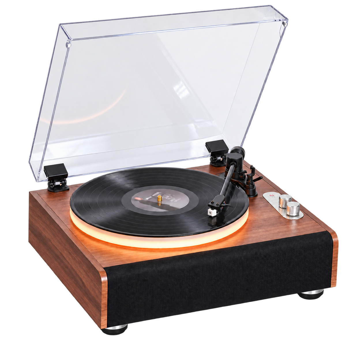 Platine vinyle Bluetooth Sillage à finition bois avec quatre haut-parleurs et éclairage de plateau, vue 1