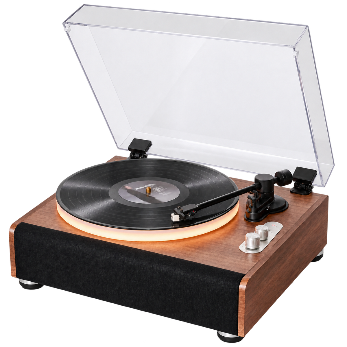 Platine vinyle Bluetooth Sillage à finition bois avec quatre haut-parleurs et éclairage de plateau, vue 2