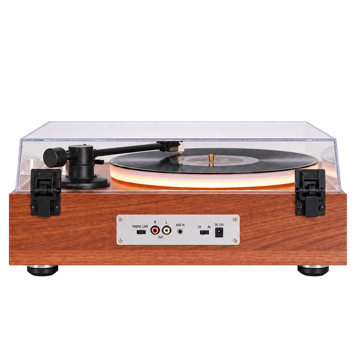 Platine vinyle Bluetooth Sillage, détail des commandes et du plateau éclairé