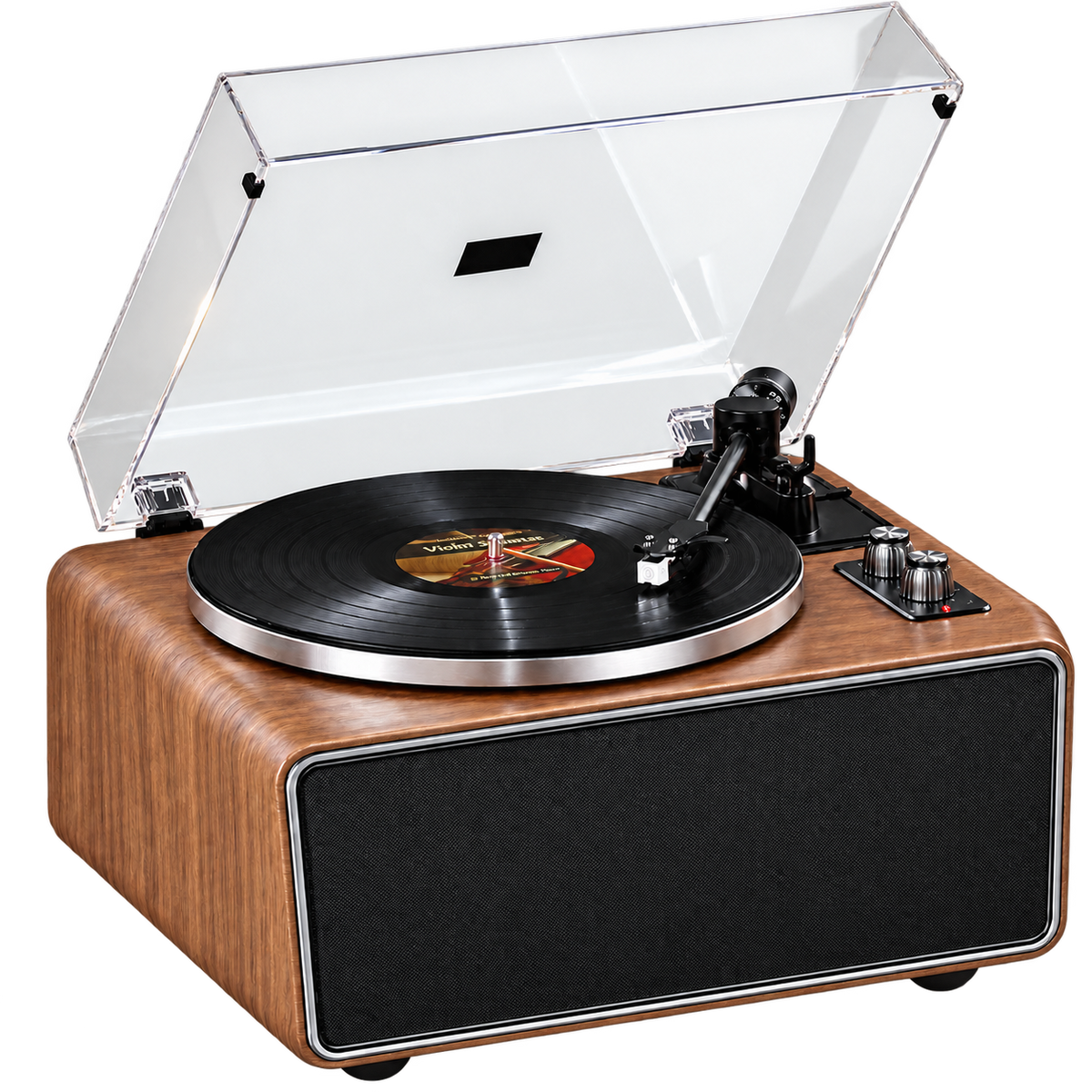Platine vinyle Studio finition noyer, vue trois-quarts, capot ouvert